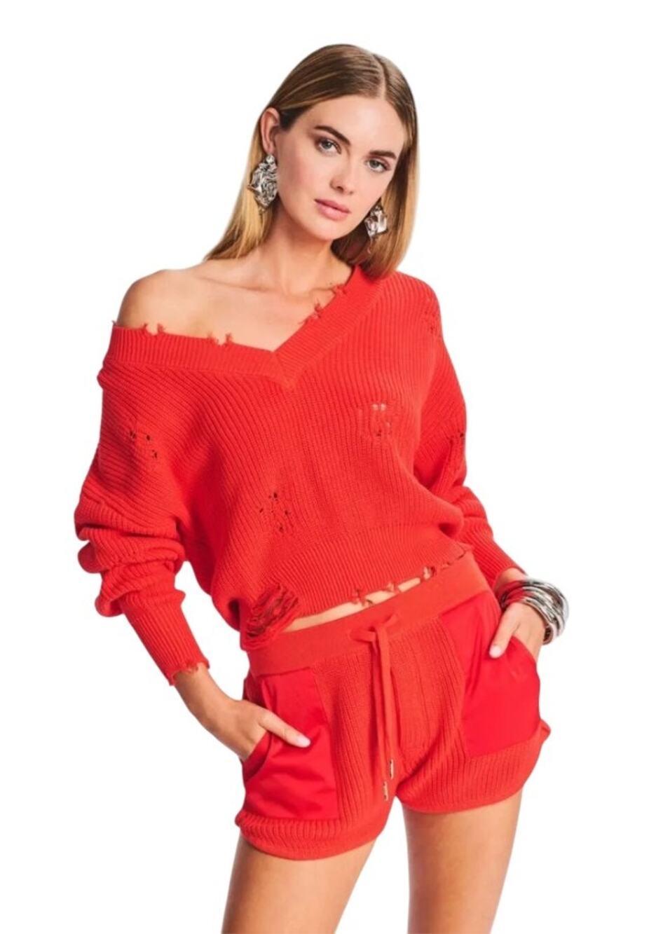 Ser.O.Ya Blood Orange Syd Distressed V Neck Pullover Sweater